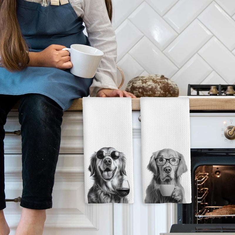 Mcehtle Funny Golden Retriever Kitchen Towels Set of 2, Funny Dog Kitchen Accessories, Coffee Station Wine Bar Decor, Dog Chef Gift Hand Towel, Dining Room Decorative Tea Towel Dish Towels 16x24 Inch - Image 3
